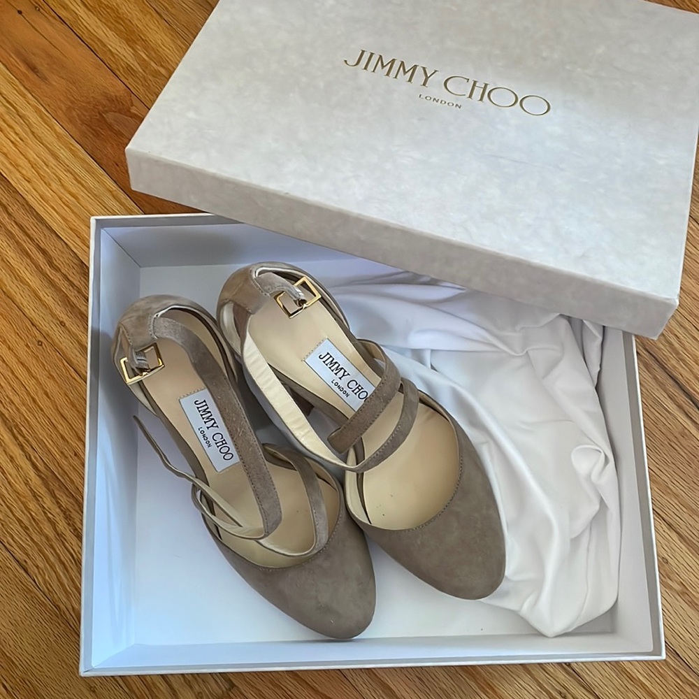 Jimmy Choo Taupe Suede Crisscross Strappy Heels 36 US 6 Nude Neutral + Box